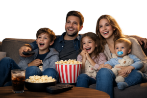 Familie schaut IPTV – Sport, Nachrichten, Kinder und Kino
